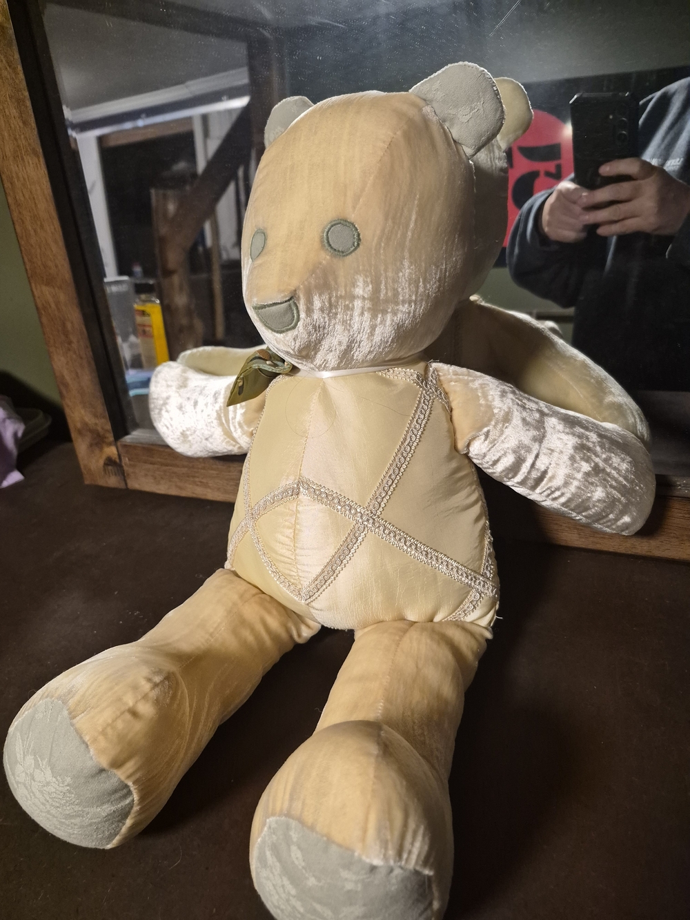 Vintage Green Frog Art Co. 22-Inch Golden Crushed Velvet & Satin Teddy Bear